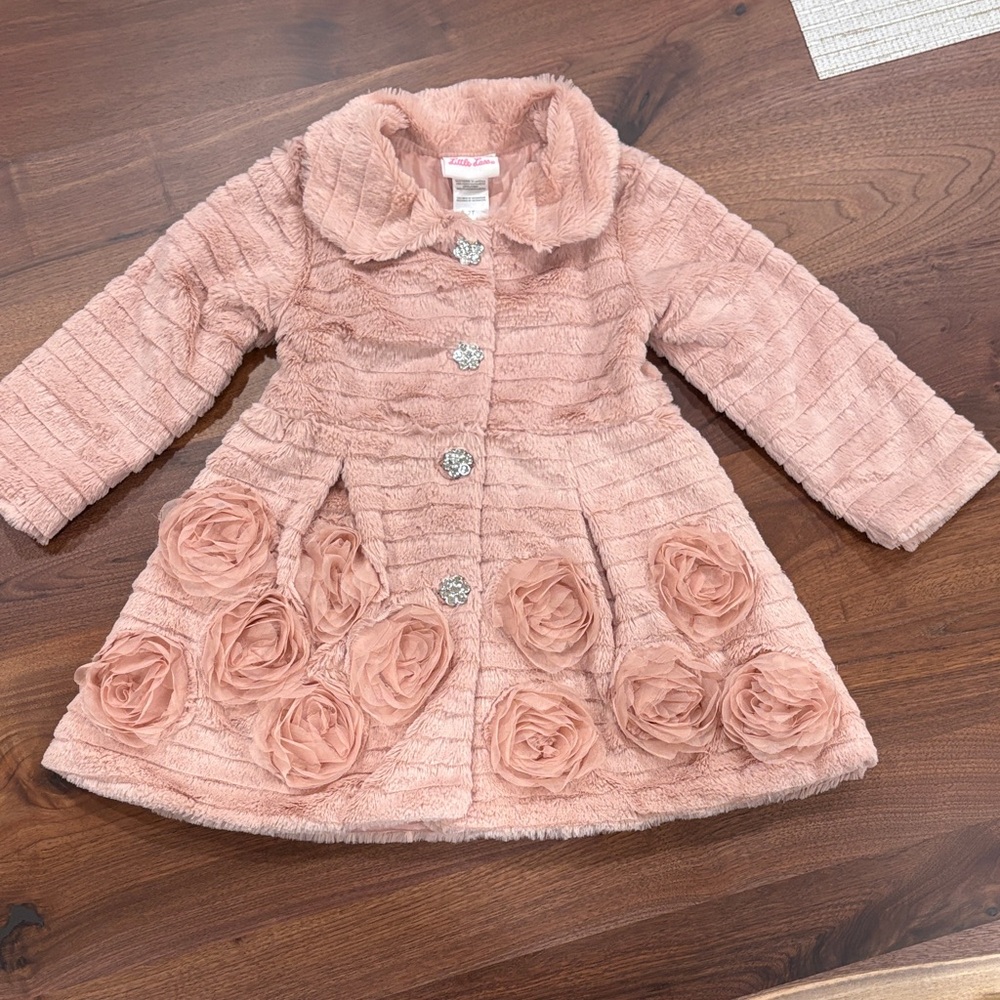 Little Lass Blush Pink Plush Rose Appliqué Peacoat